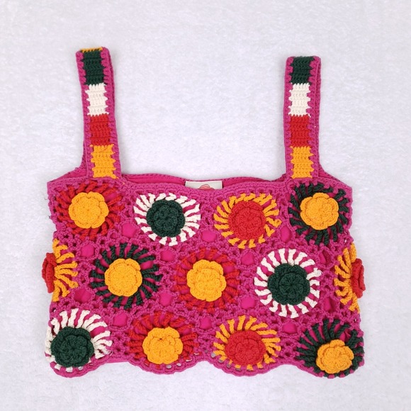 FARM Rio Tops - FARM Rio Crochet Crop Top Small Handmade Multicolor Boho Festival Summer Y2K